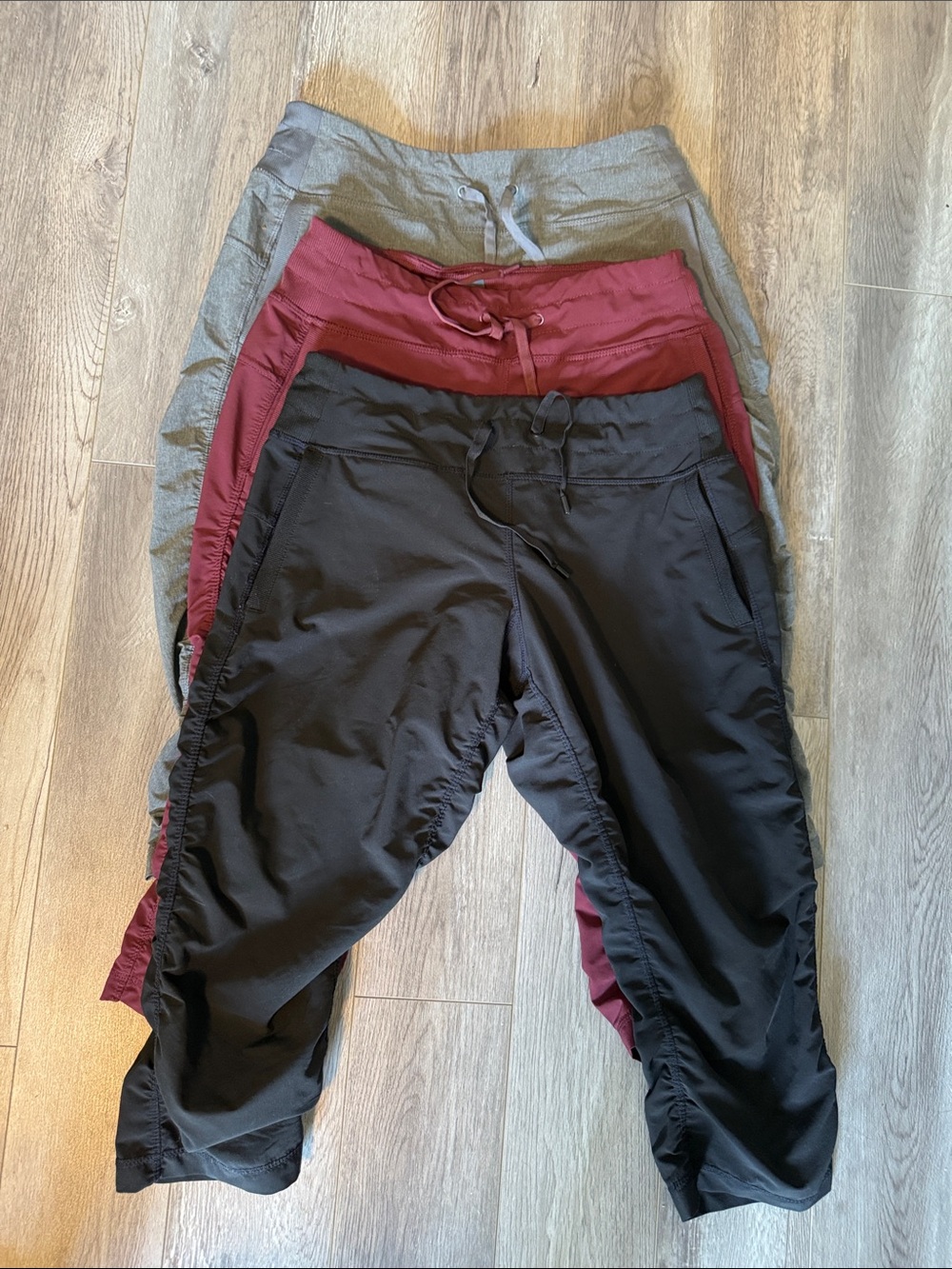 3-Pack Drawstring Jogger Pants/Capris - Black, Burgundy, Gray- Size Small